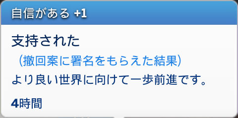 自信がある+1/支持された(撤回案に署名をもらえた結果)より良い世界に向けて一歩前進です。/4時間