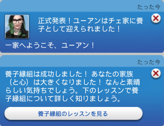 たった今／正式発表！ユーアンはチェ家に養子として迎えられました！／一家へようこそ、ユーアン！／たった今／養子縁組は成功しました！あなたの家族（と心）は大きくなりました！なんと素晴らしい気持ちでしょう。下のレッスンで養子縁組について詳しく知りましょう。／「養子縁組のレッスンを見る」ボタン