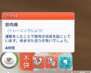 不快+1／筋肉痛（トレーニングにより）運動をしたことで筋肉が炎症を起こしています。休ませたほうが良いでしょう。／4時間